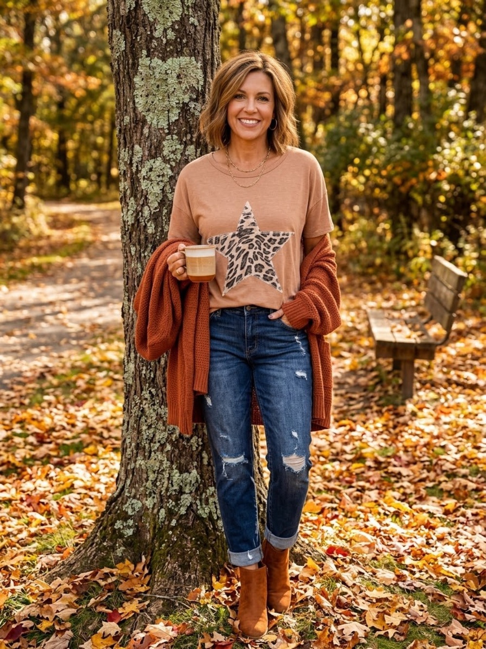 Hopely Women’s Brown Tee with Leopard Star Appliqué, Size Large